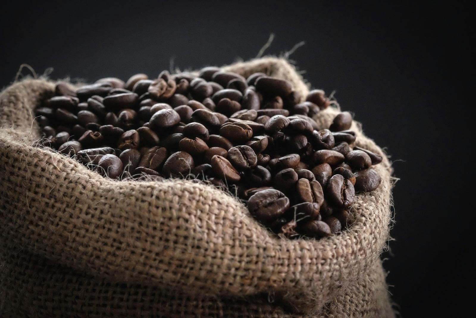 Freshly roasted coffee beans spilling from a jute sack