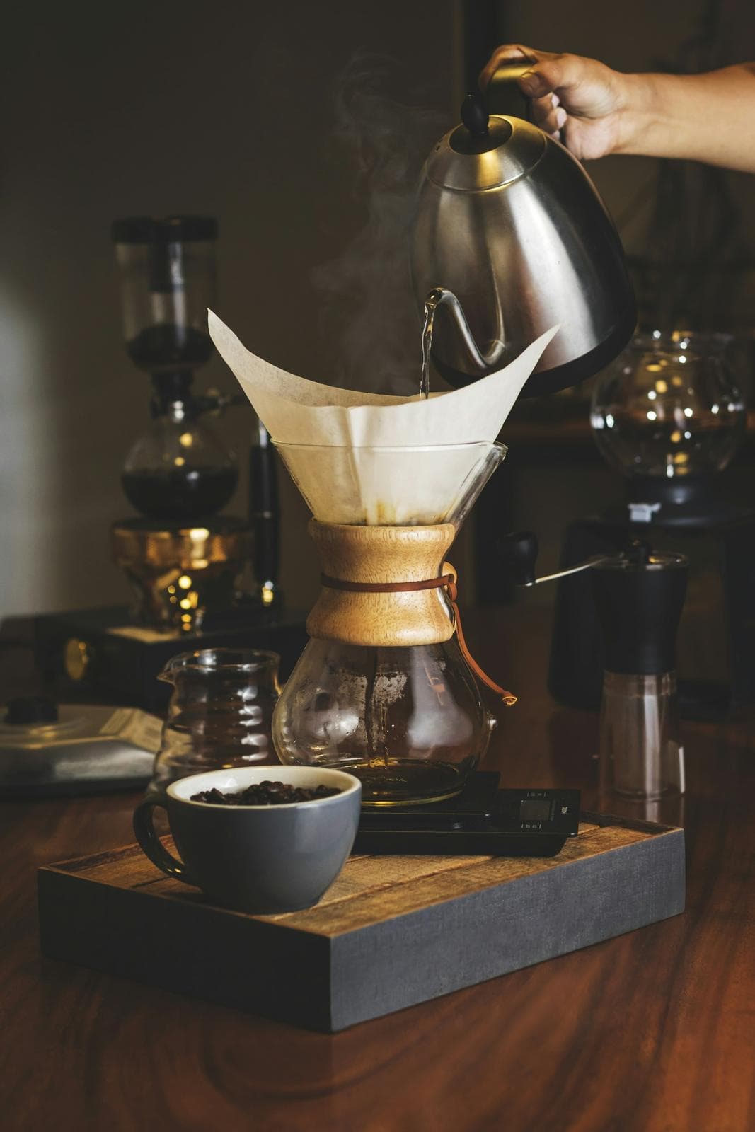 Pour-over coffee brewing in a glass dripper